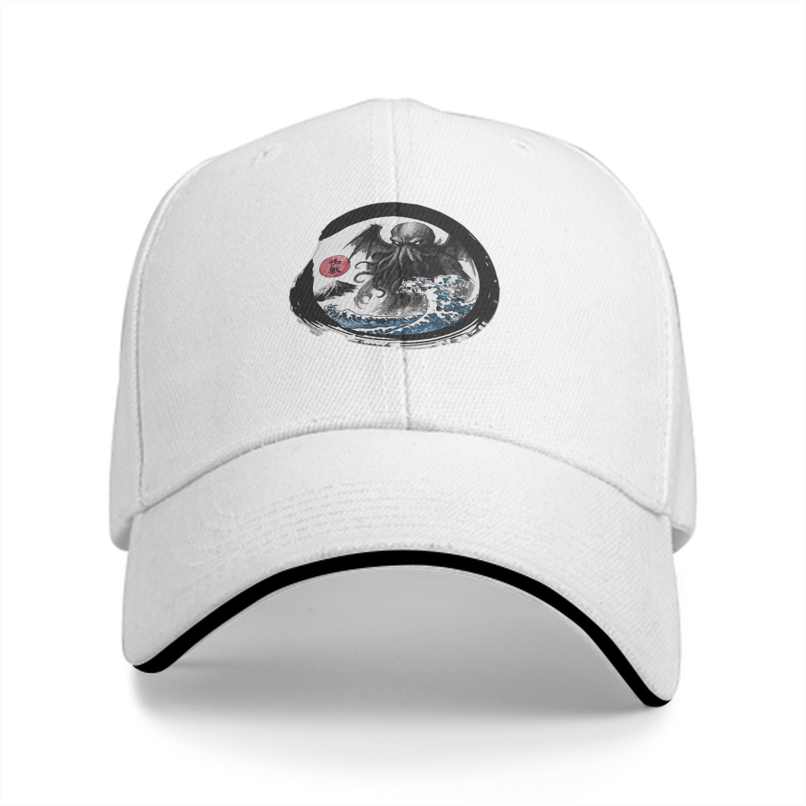 Black Baseball Cap with Cthulhu Great Wave Art Print