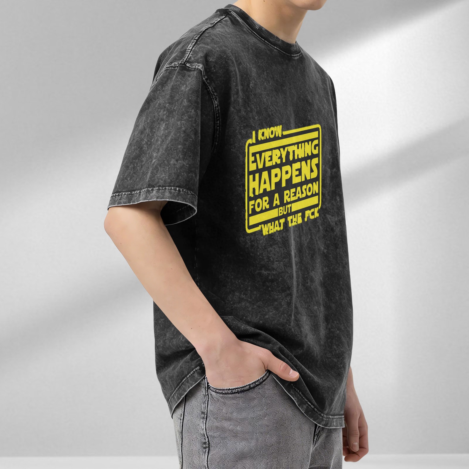 Washed black graphic t-shirt with 'I know everything happens for a reason but what the fck' text