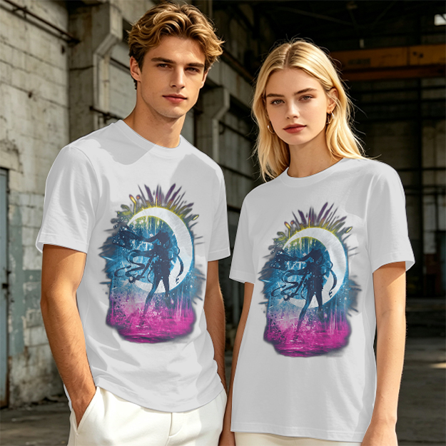 Olive T-Shirt with Crescent Moon Anime Character Silhouette Art