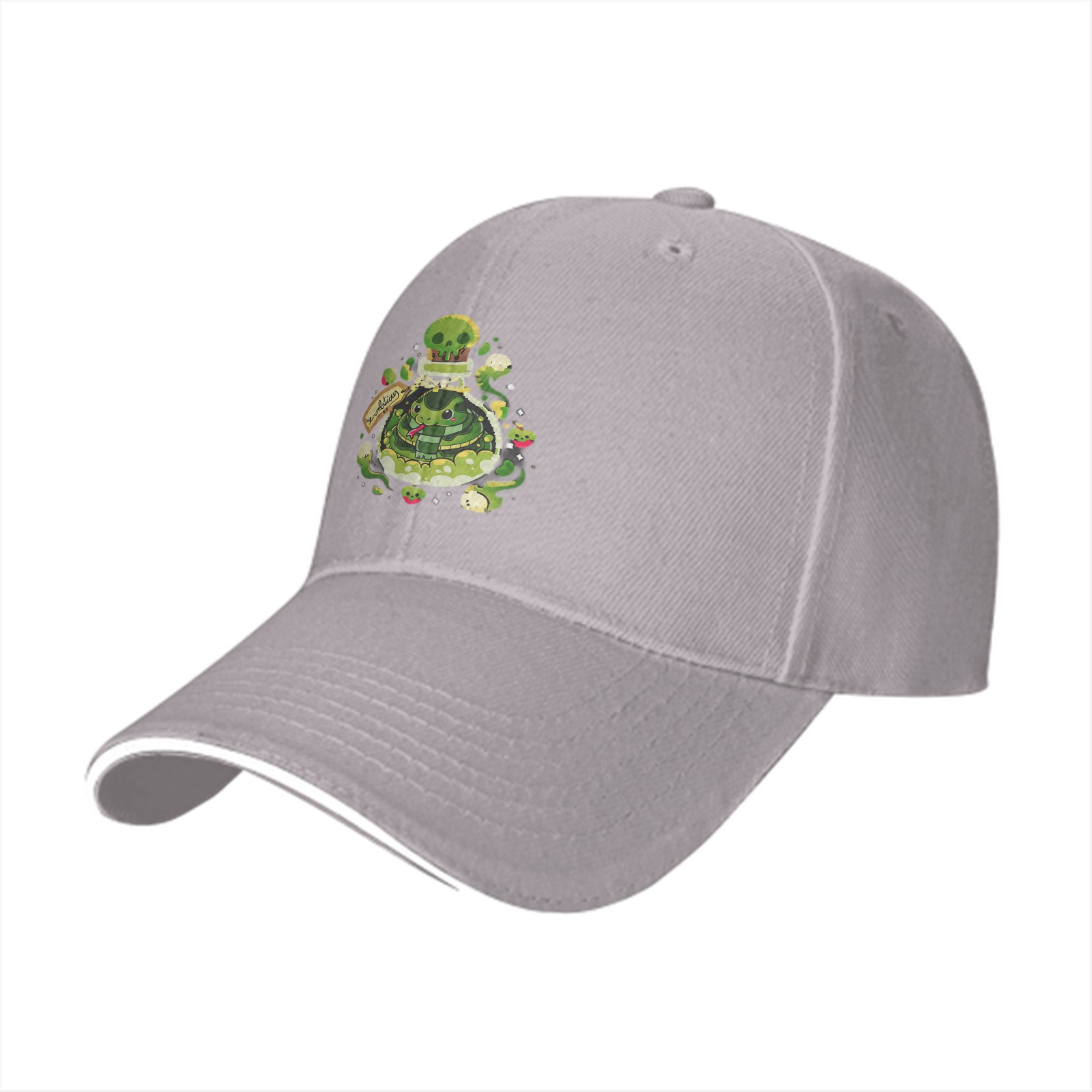 Black baseball cap with green snake potion bottle graphic
