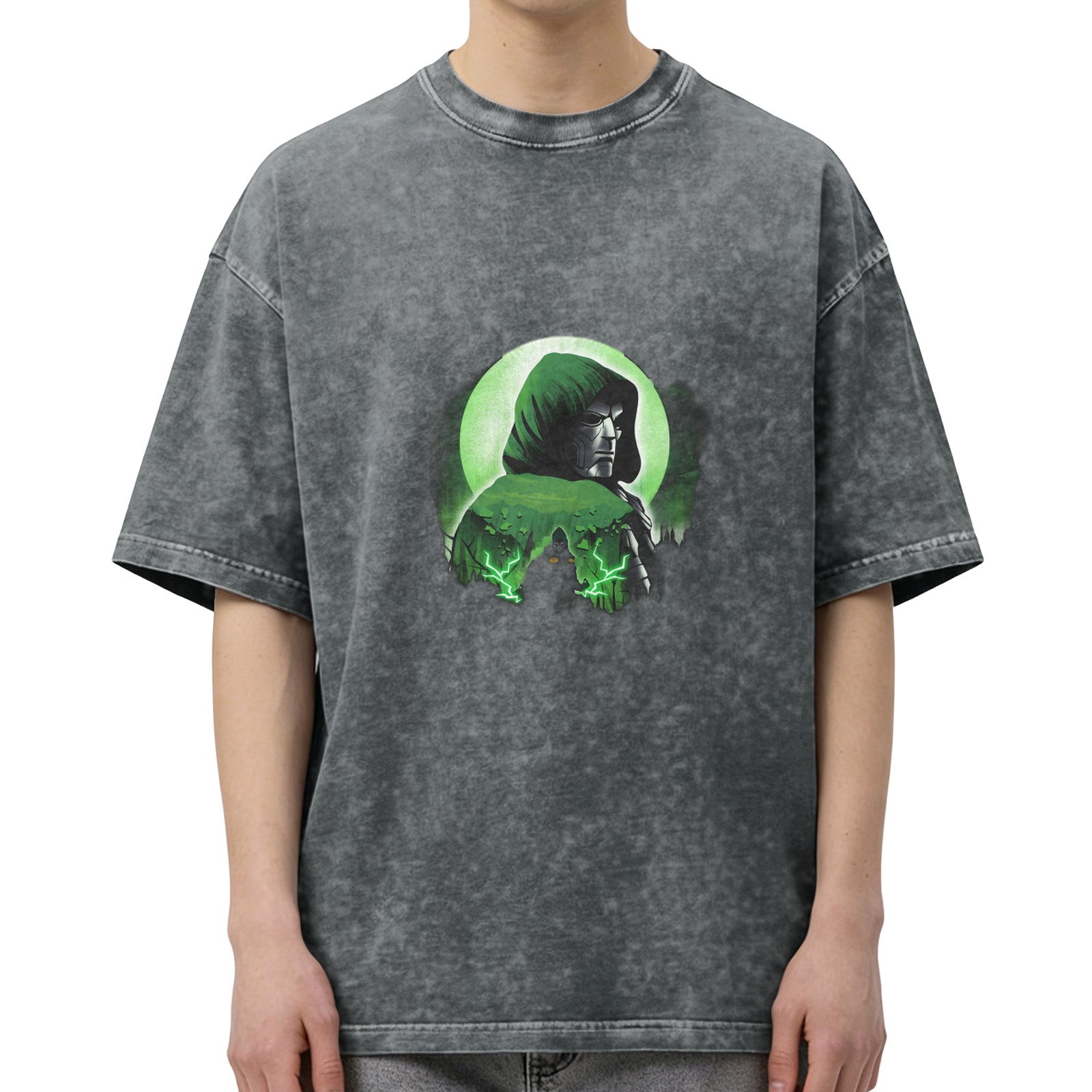 Oversized Acid Wash T-Shirt With Hooded Green Spectre Graphic
