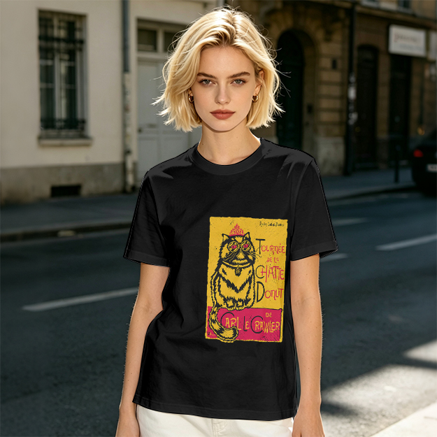 Olive T-shirt with a whimsical cat graphic print