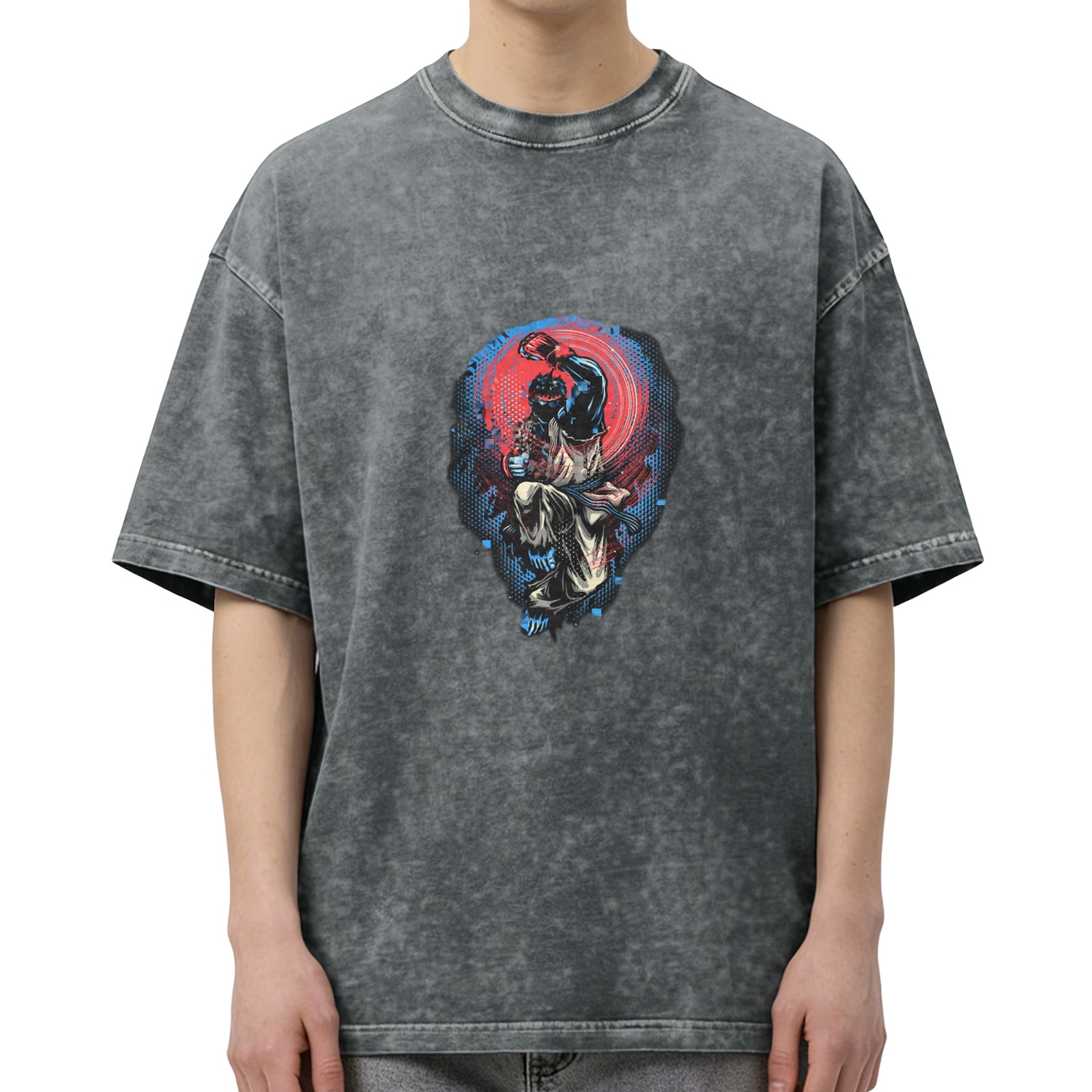 Oversized Acid Wash T-Shirt With Martial Artist Fighter Graphic