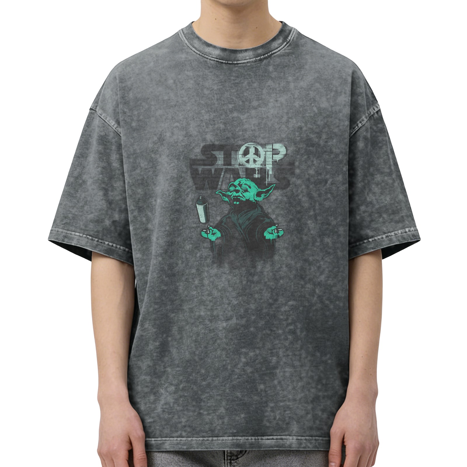 Distressed washed black loose short-sleeved T-shirt Star Wars themed Yoda peace anti-war printed top