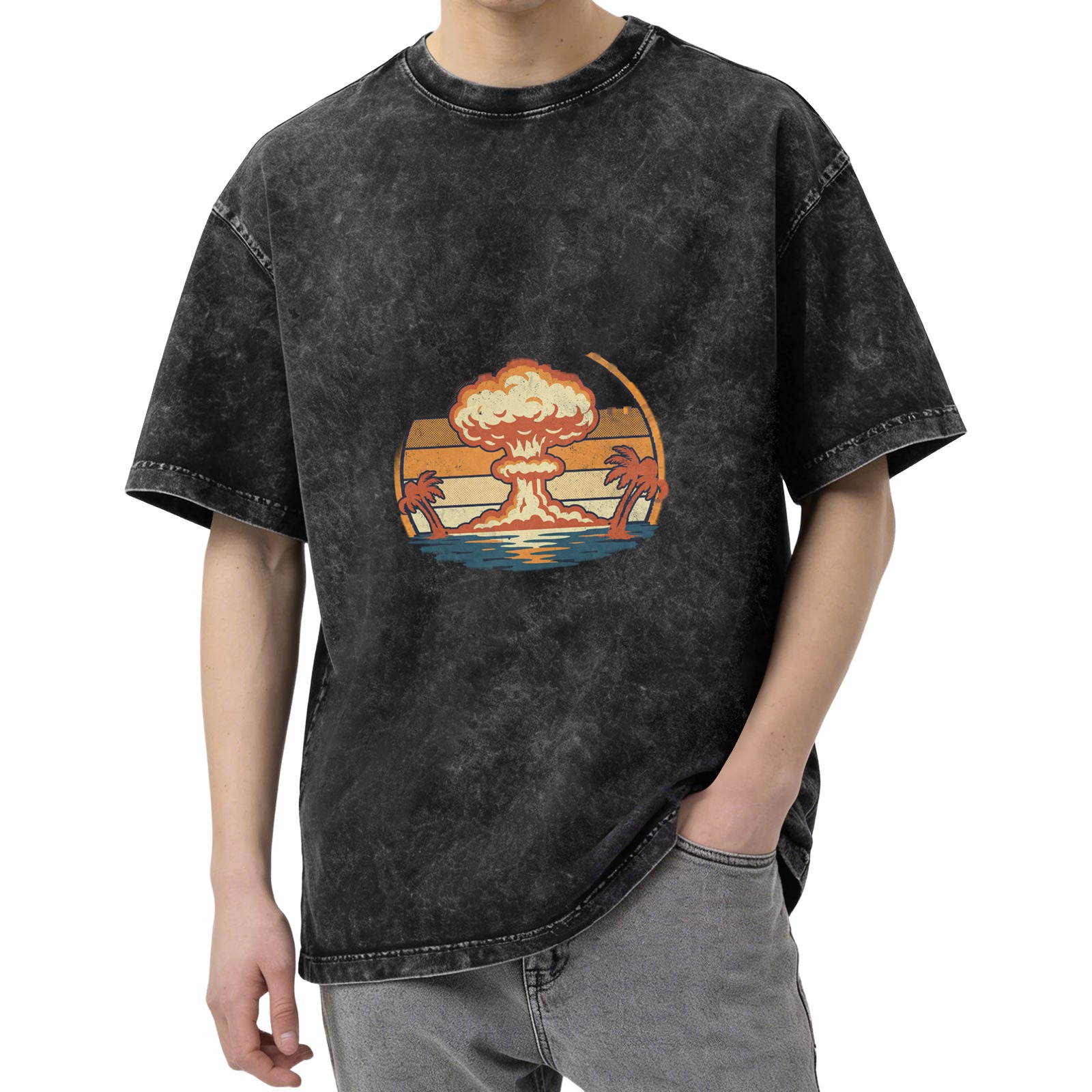 Vintage Acid-Wash Black Oversized T-Shirt with Retro Nuclear Explosion & Palm Tree Sunset Graphic Print