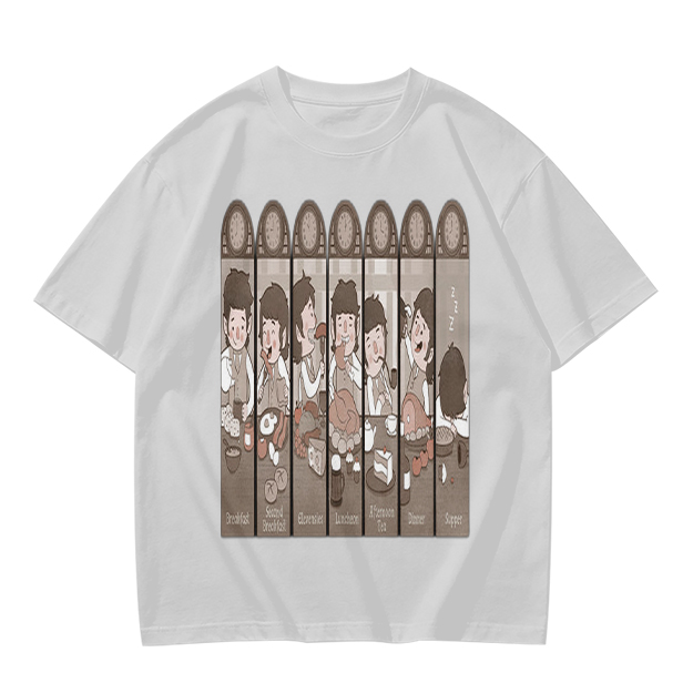 Olive green t-shirt with cartoon medieval feast scene print