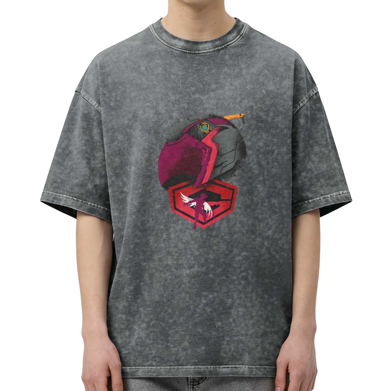 Oversized Washed T-Shirt With Mech Helmet Graphic Print
