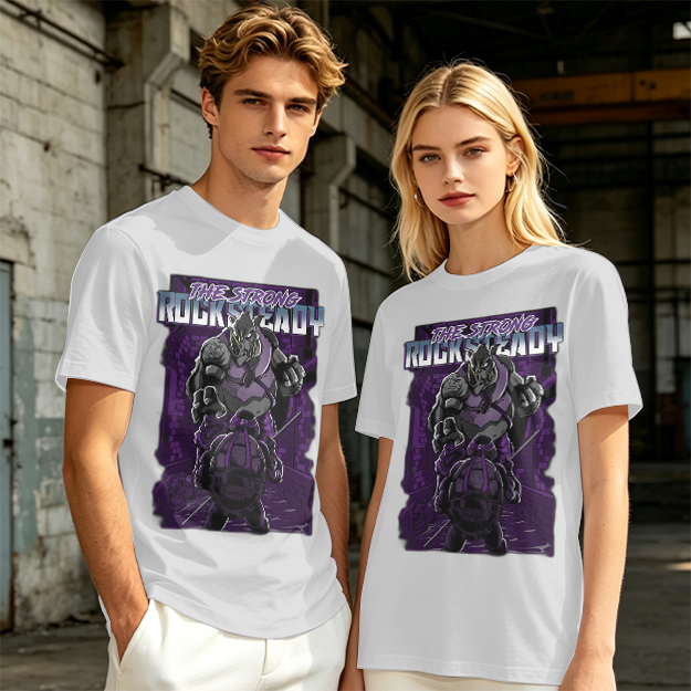 Olive green t-shirt featuring Rocksteady the strong mutant character