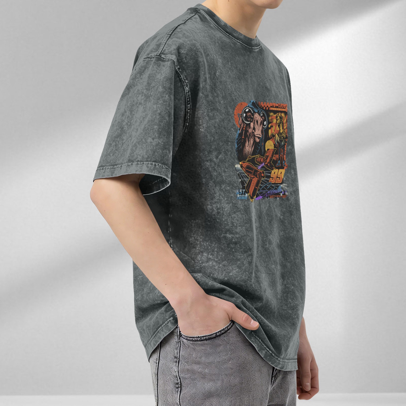 Oversized Acid Wash T-Shirt with Retro Sci-Fi Alien Racing Graphic