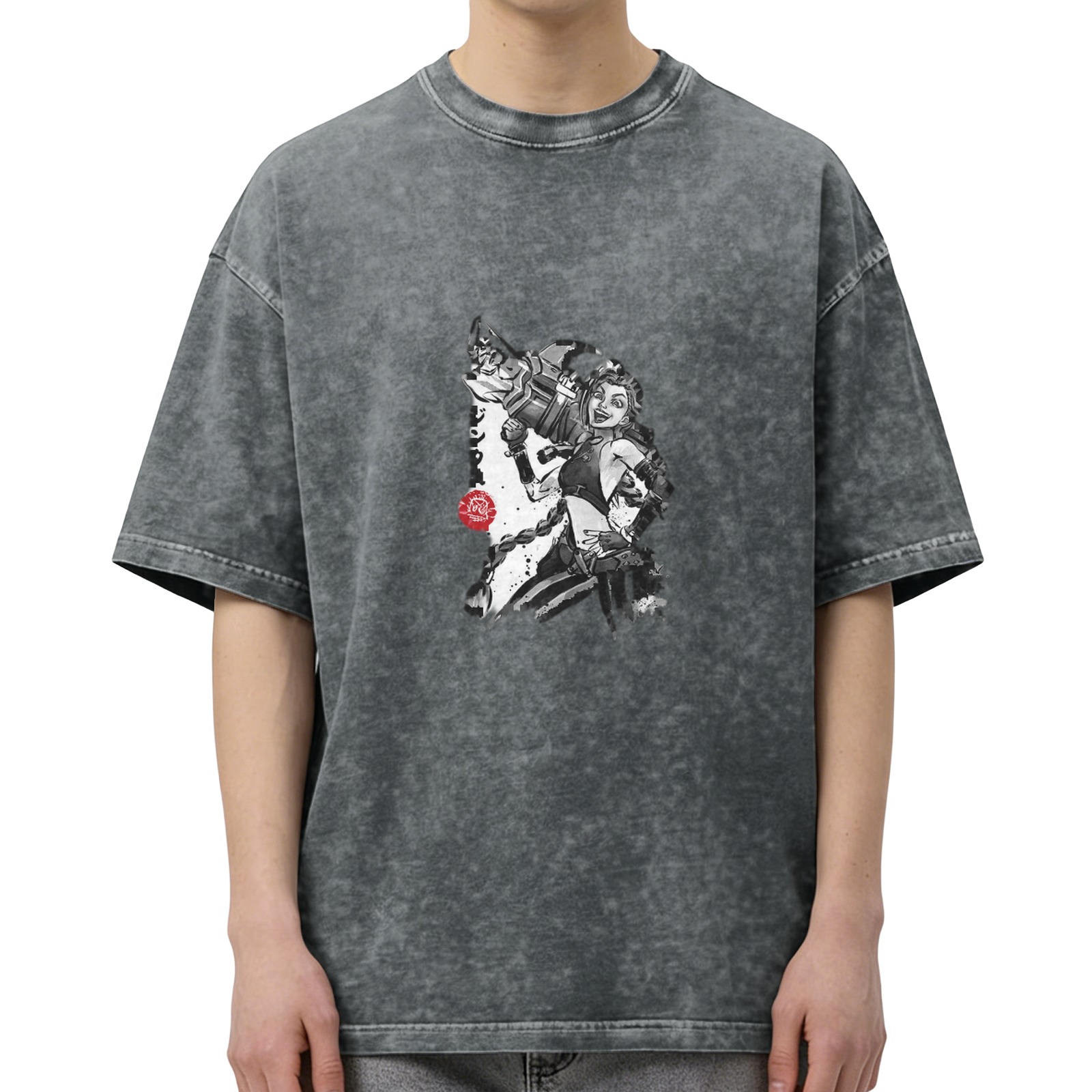 Oversized Dark Wash T-Shirt with Anime Character Graphic Print