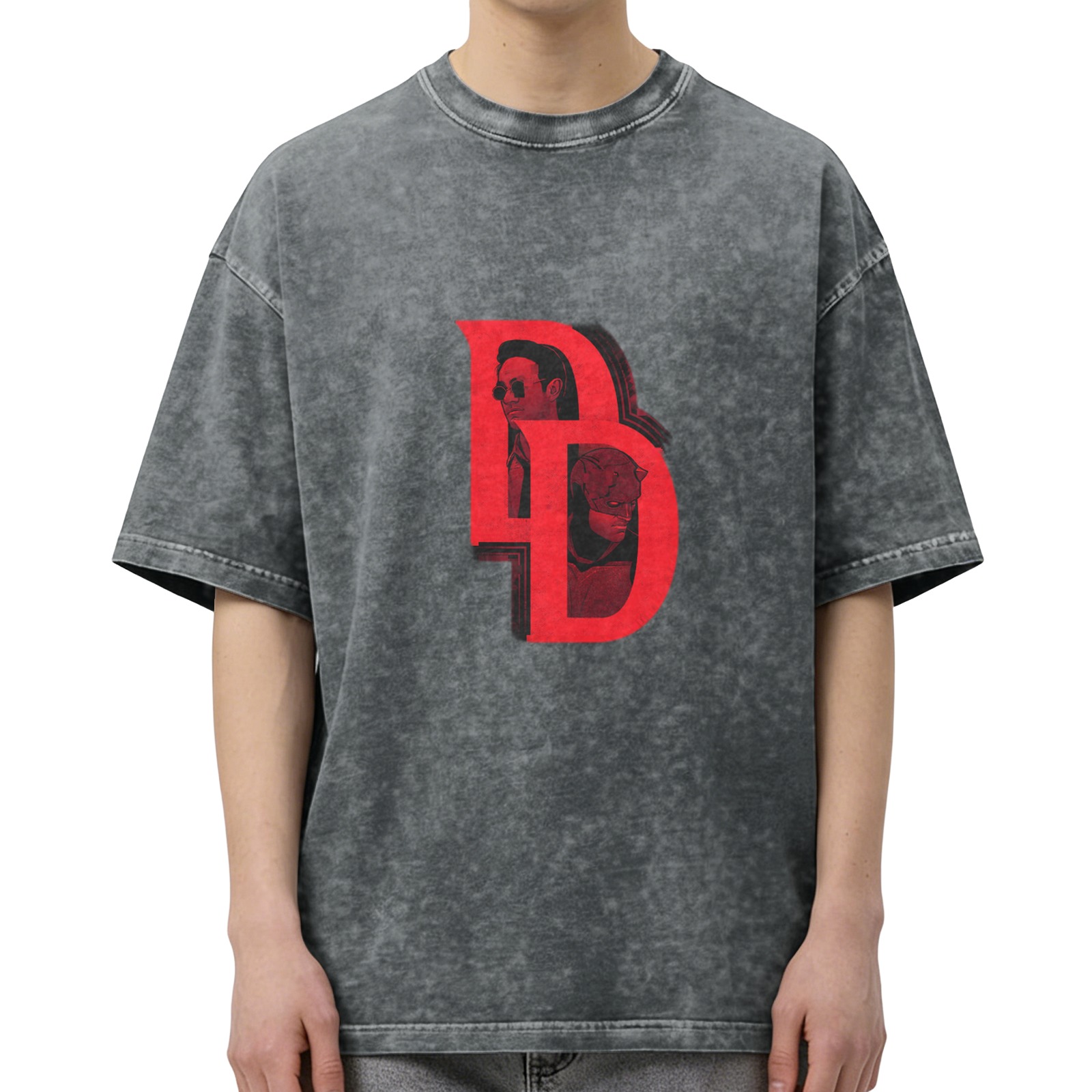 Washed Black T-Shirt with Daredevil DD Logo Graphic