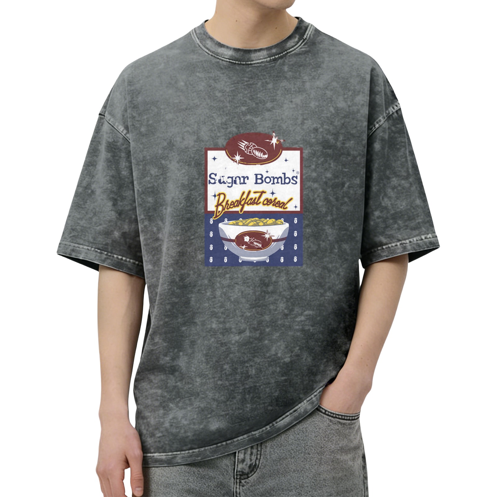 Sugar Bombs Breakfast Cereal Graphic Black Acid Wash T-Shirt