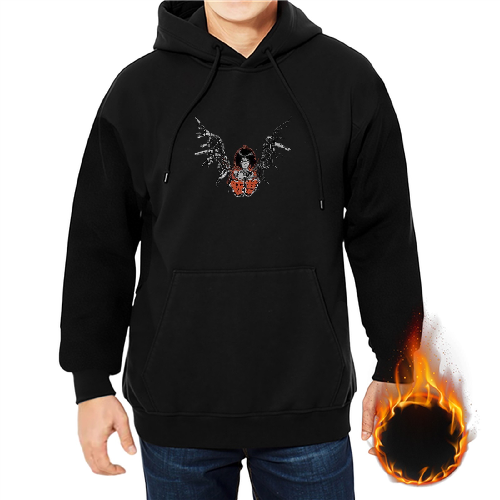 Black Hoodie With Winged Character Graphic Print