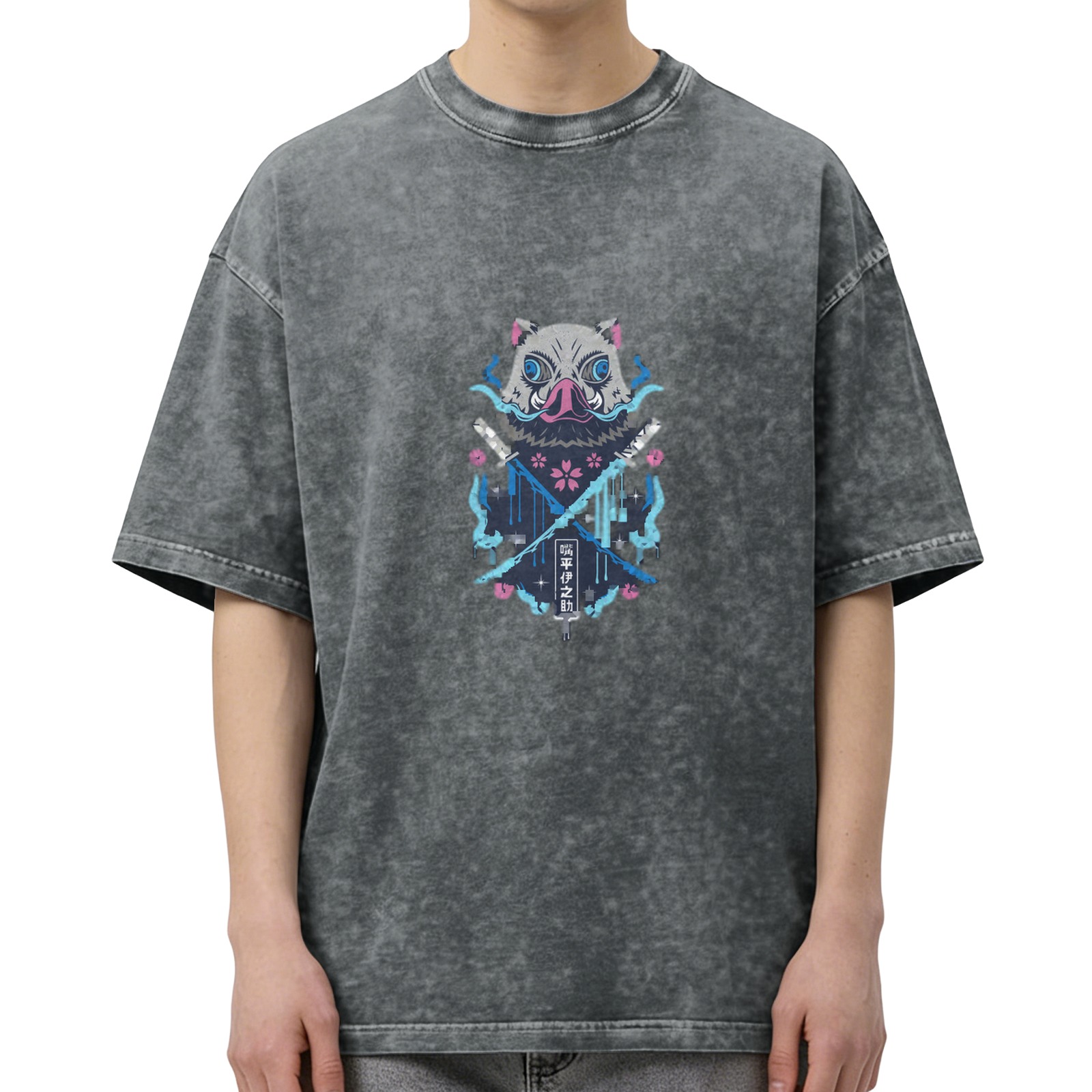 Washed and distressed charcoal black loose short-sleeved T-shirt Demon Slayer: Kimetsu no Yaiba Kihira Inosuke boar head print anime peripheral top