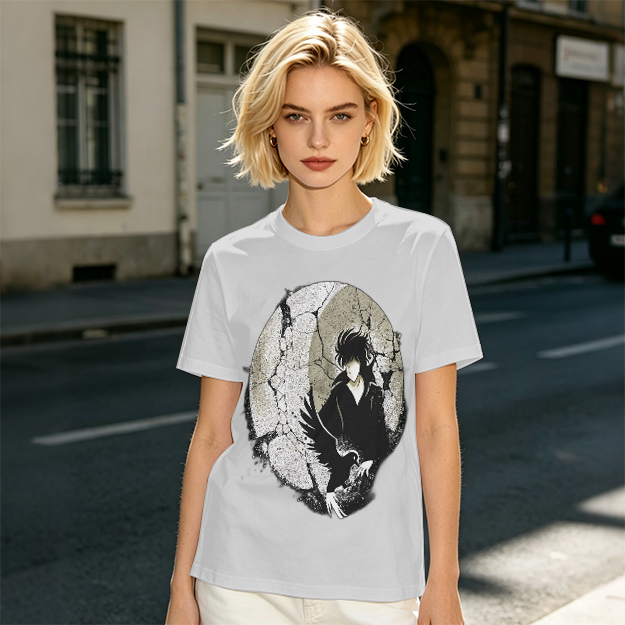 Olive T-shirt with Dark Anime Character and Raven Print