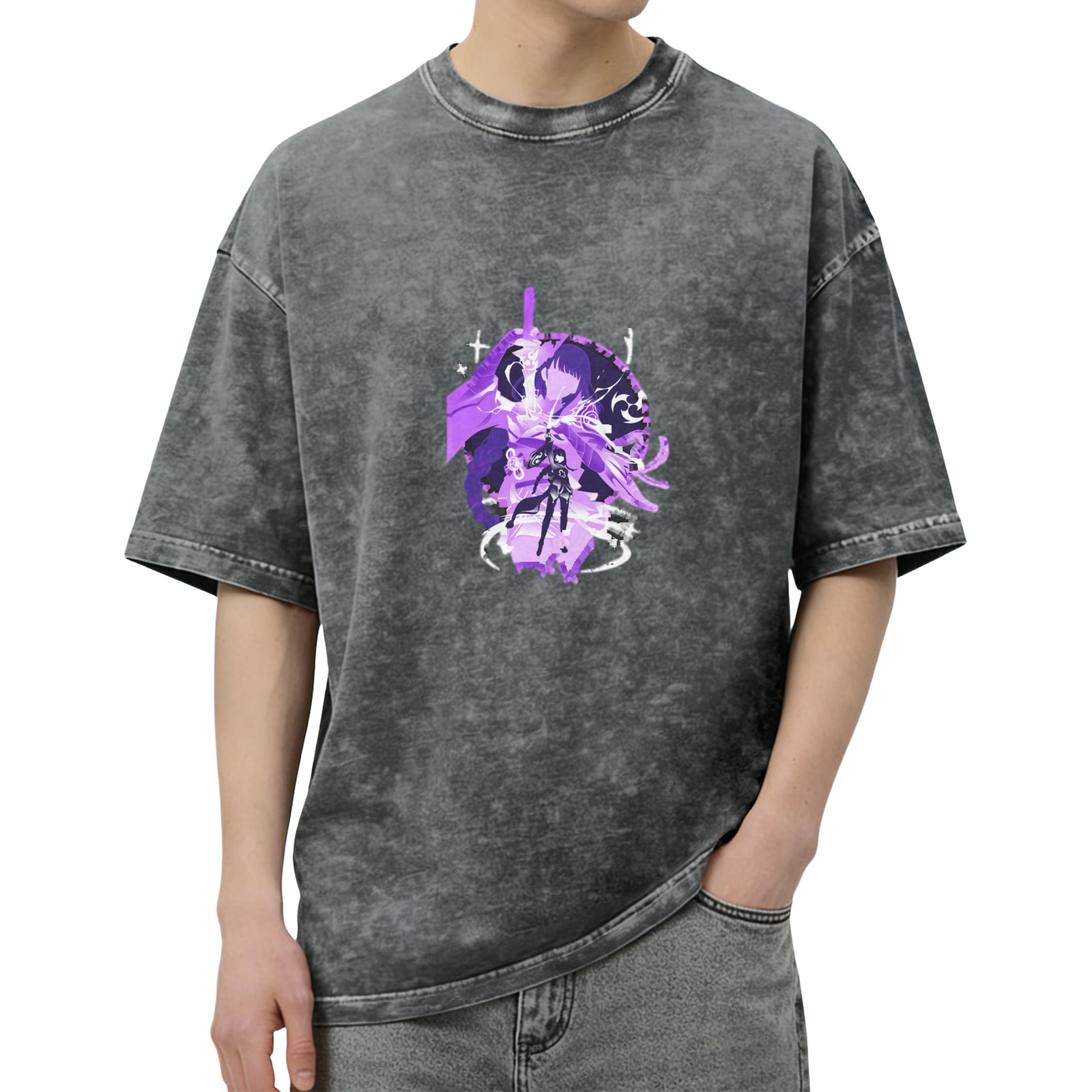 Washed Black T-Shirt with Purple Anime Character Graphic Print