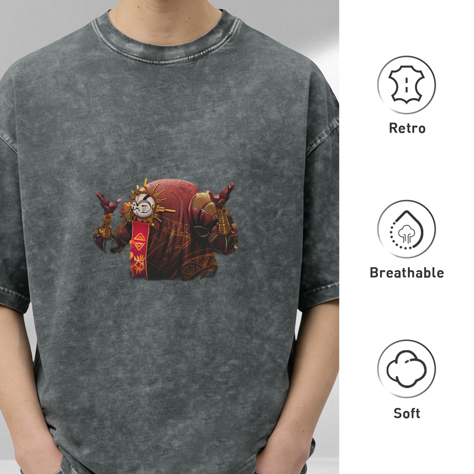 Washed Black Graphic T-Shirt With Fantasy Warrior Print