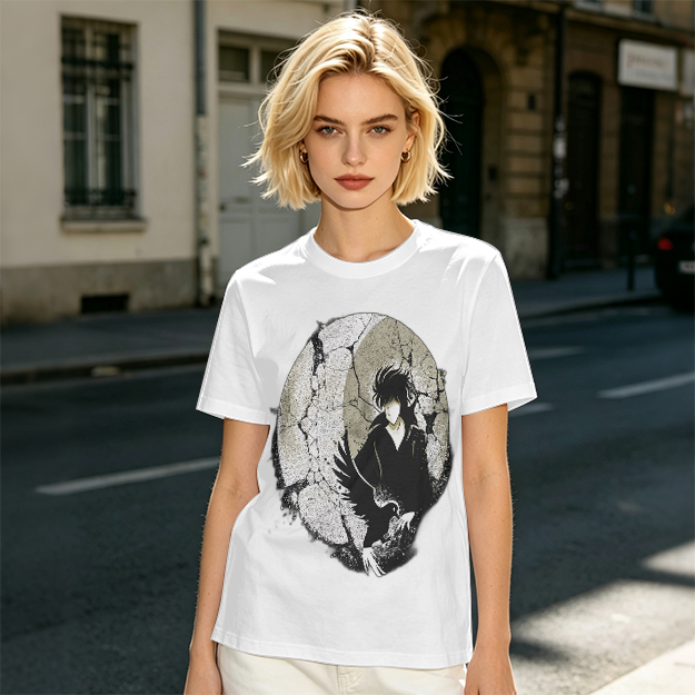 Olive T-shirt with Dark Anime Character and Raven Print