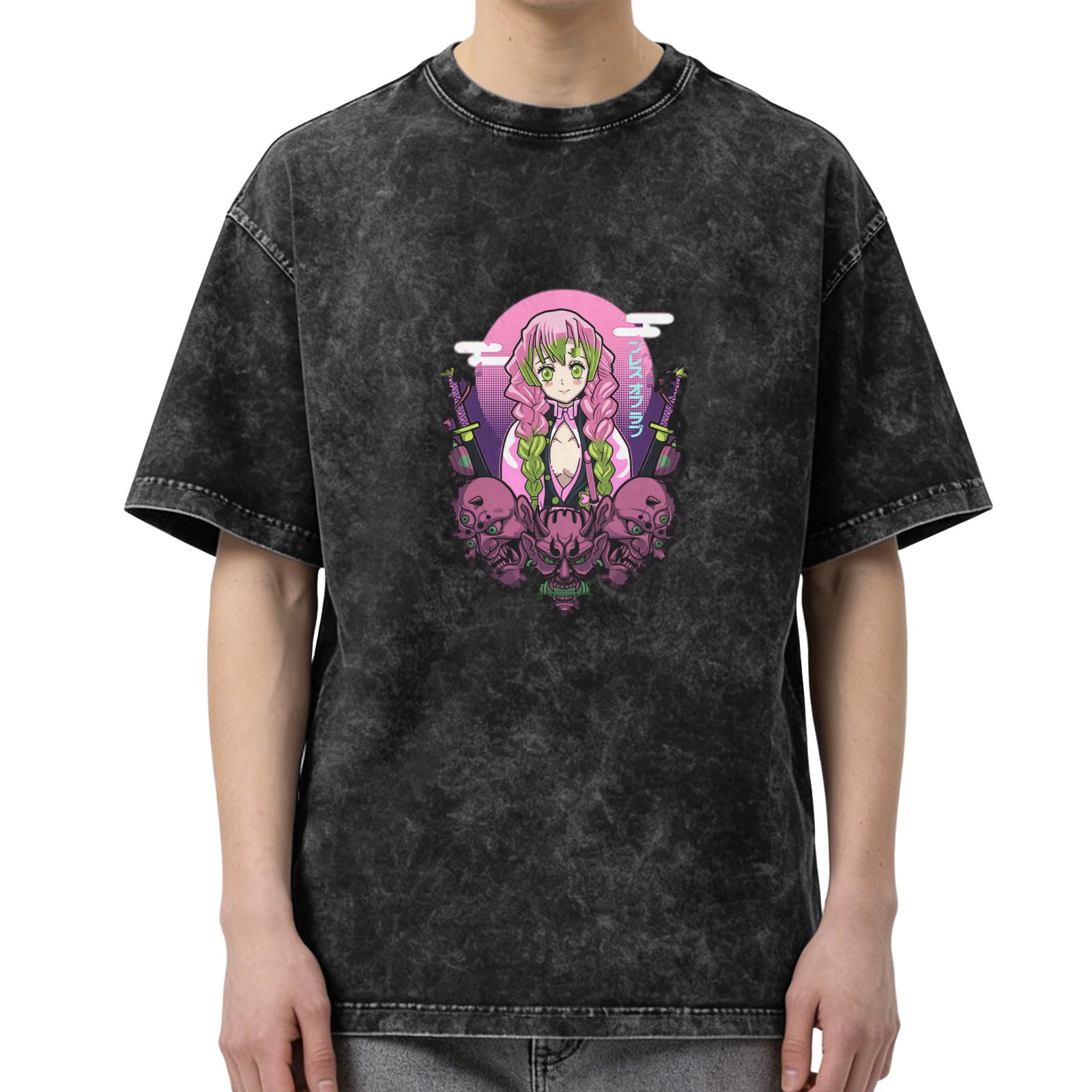Oversized Acid Wash T-Shirt with Anime Demon Slayer Character Print