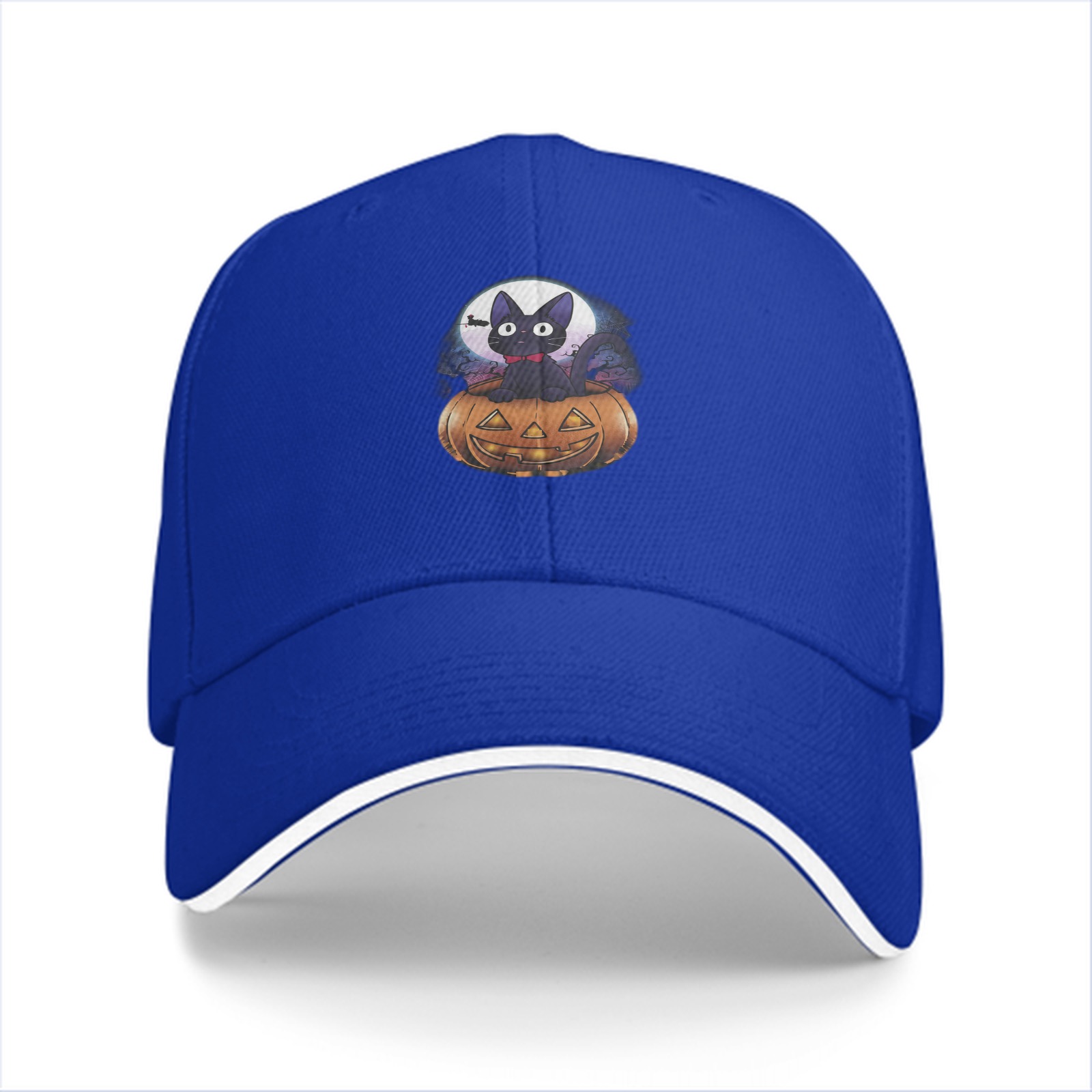 Black Baseball Cap With Halloween Black Cat Jack-o'-lantern Print