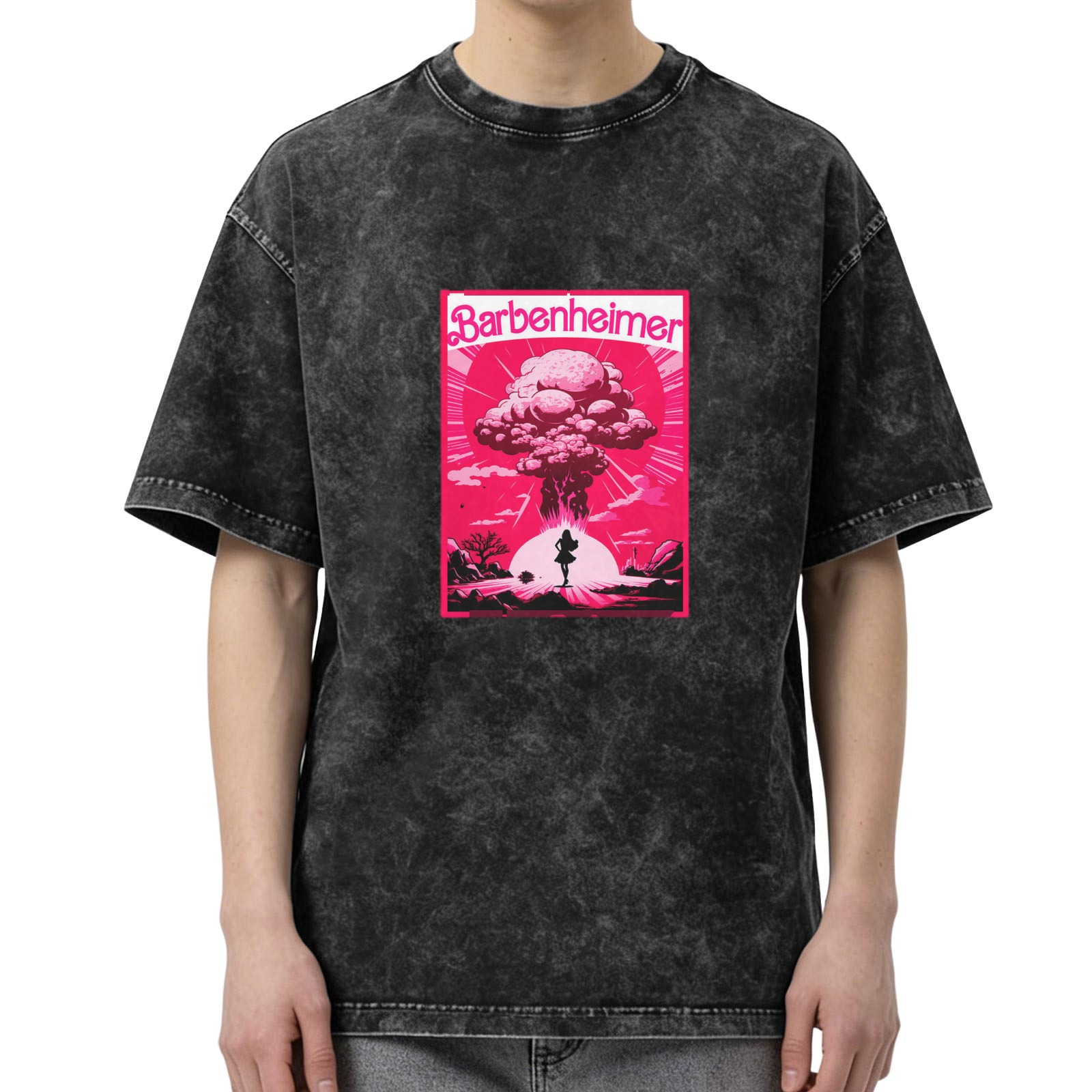 Barbenheimer Mushroom Cloud Graphic on Acid Wash Black T-Shirt