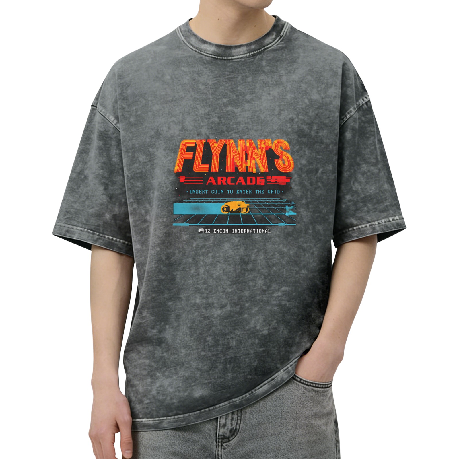 Flynn's Arcade retro distressed washed black short-sleeved T-shirt TRON themed game printed top