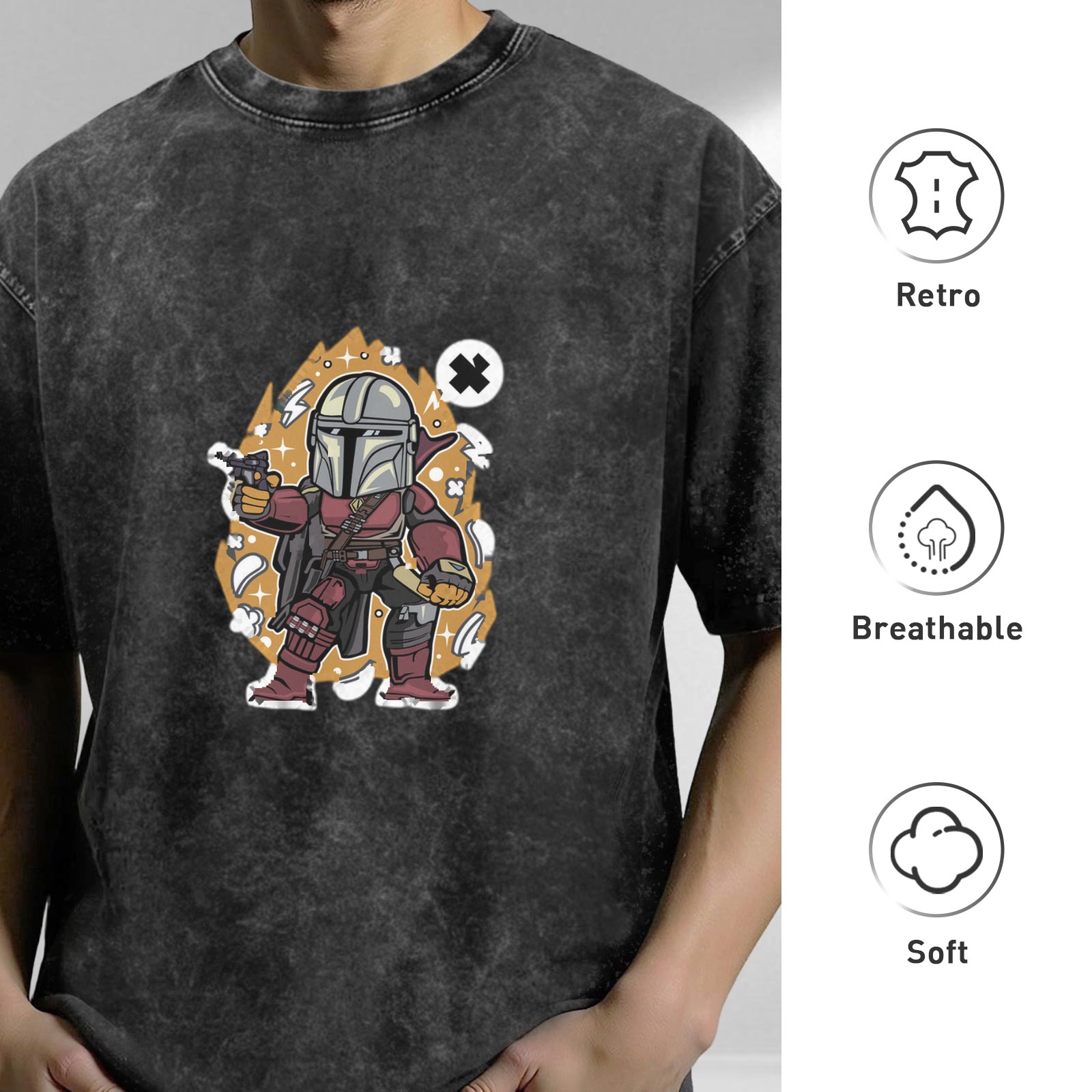 Washed Black T-Shirt with Chibi Mandalorian Graphic Print