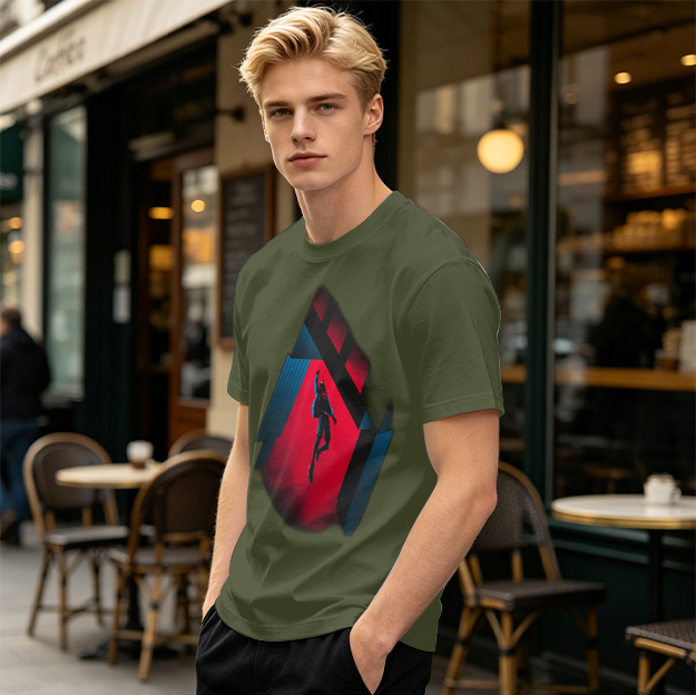 Olive T-shirt with Spider-Man mid-swing over city buildings
