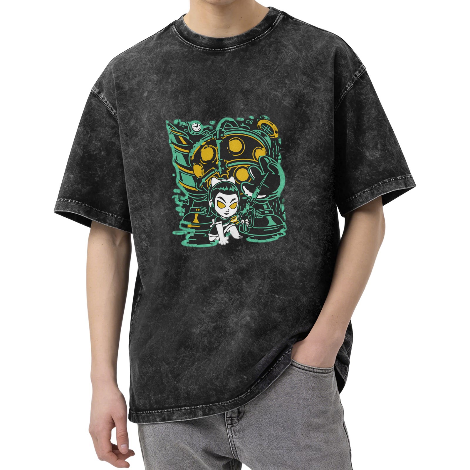 Washed Black Oversized T-Shirt With Cartoon Underwater Character Print