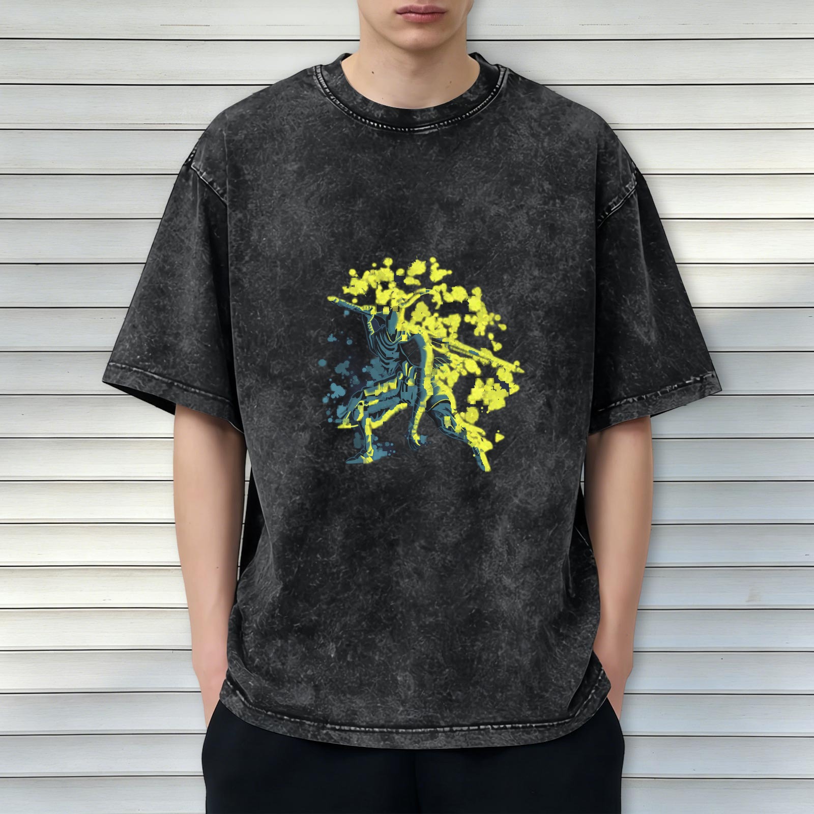 Washed Black Graphic T-Shirt with Neon Splatter Warrior Design