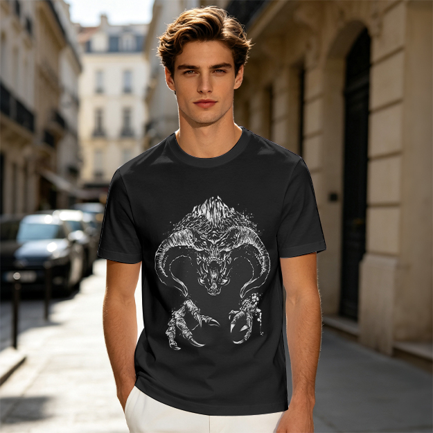 Olive T-Shirt With Dark Fantasy Demon Monster Graphic Print