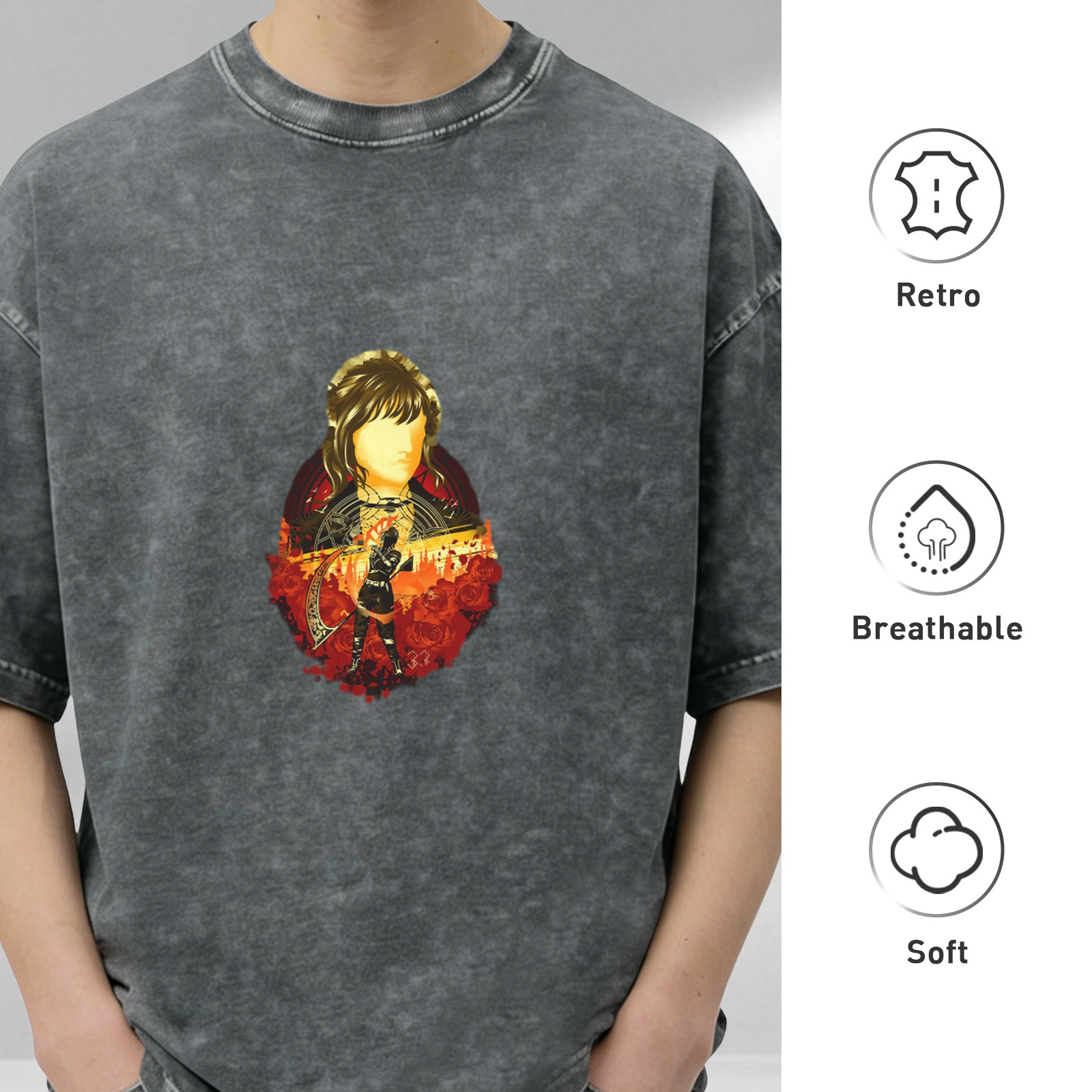Washed Black Oversized T-Shirt With Fantasy Archer Graphic Print