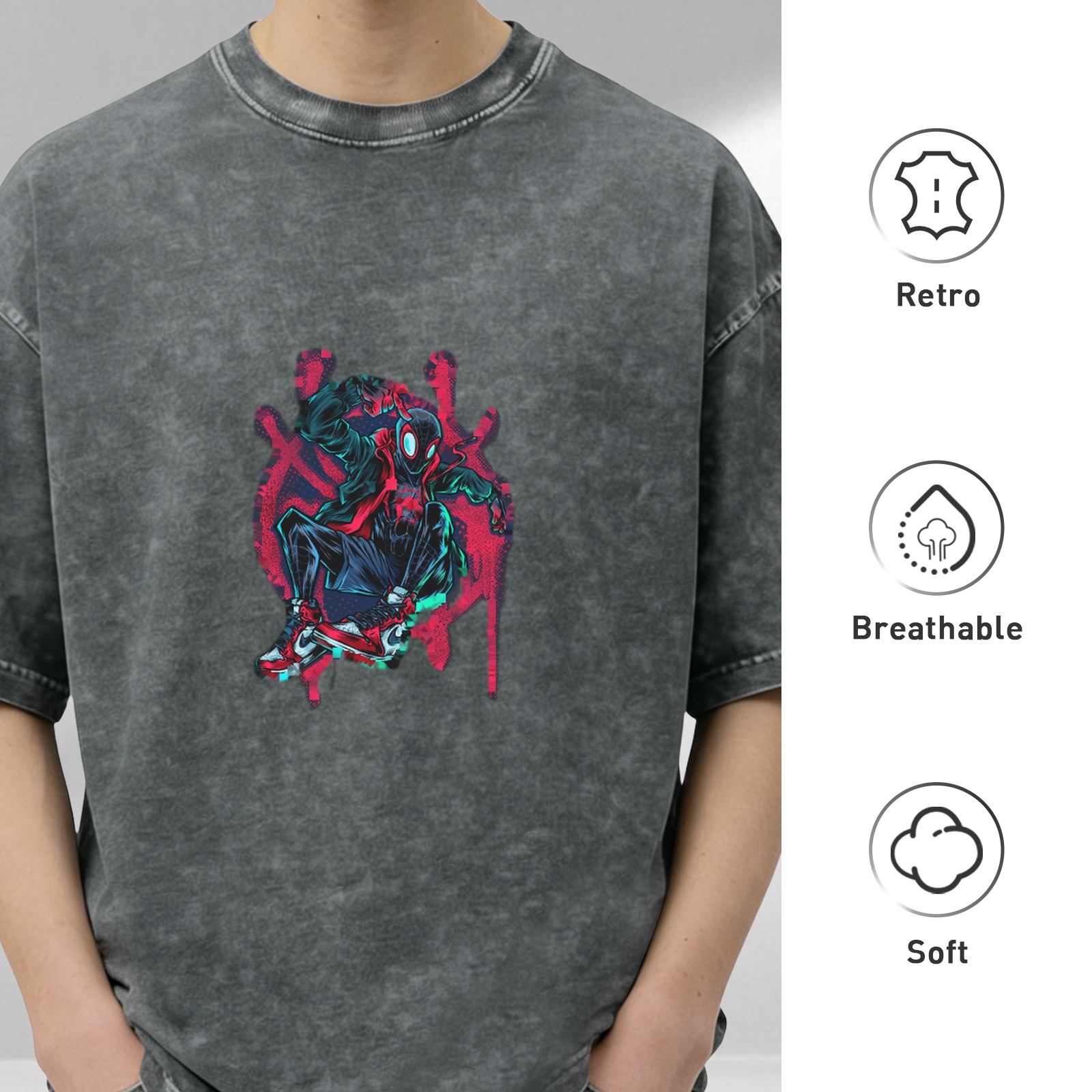 Washed distressed black short-sleeved T-shirt Miles Spider-Man printed street fashion loose top