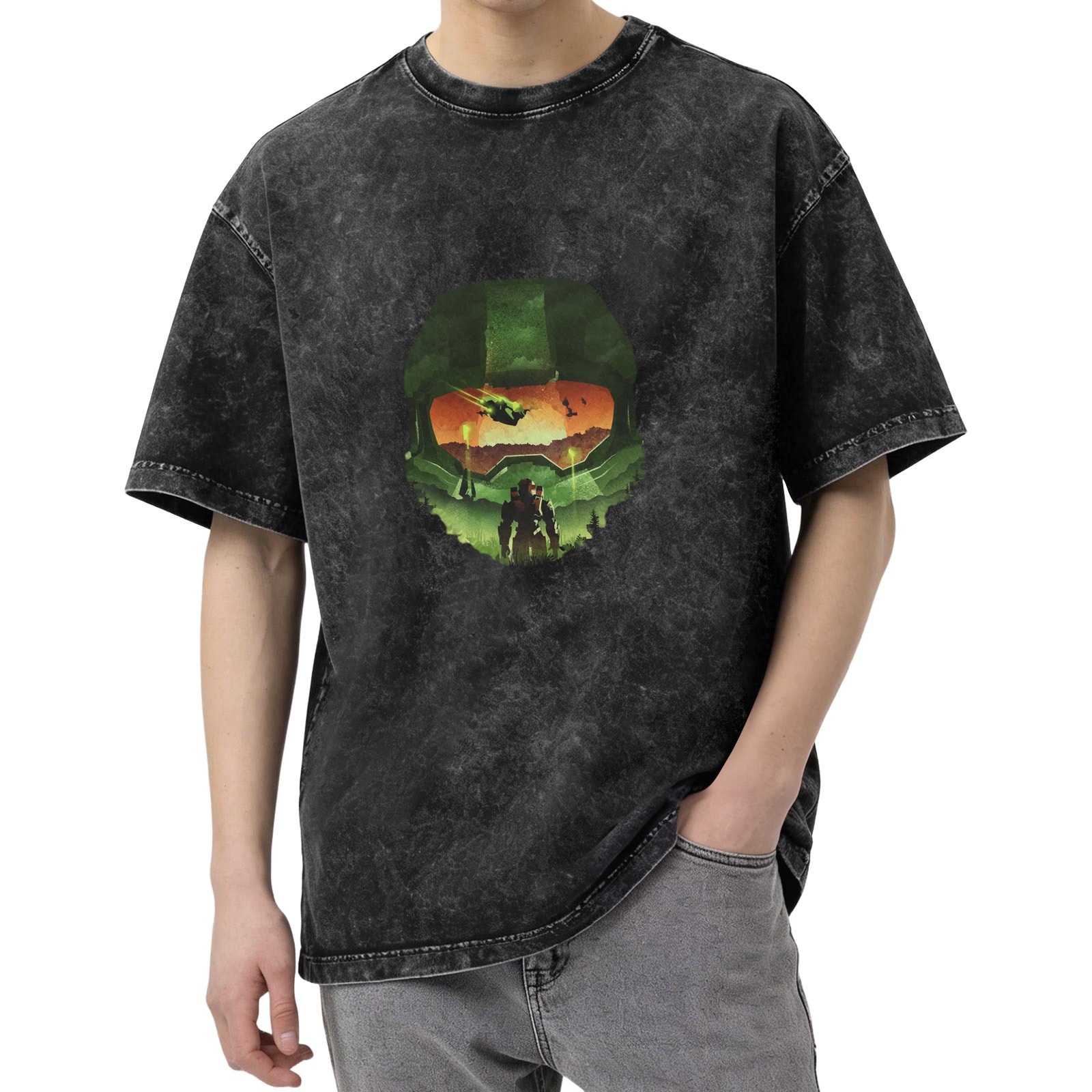 Halo Master Chief Helmet Silhouette Graphic Acid Wash T-Shirt