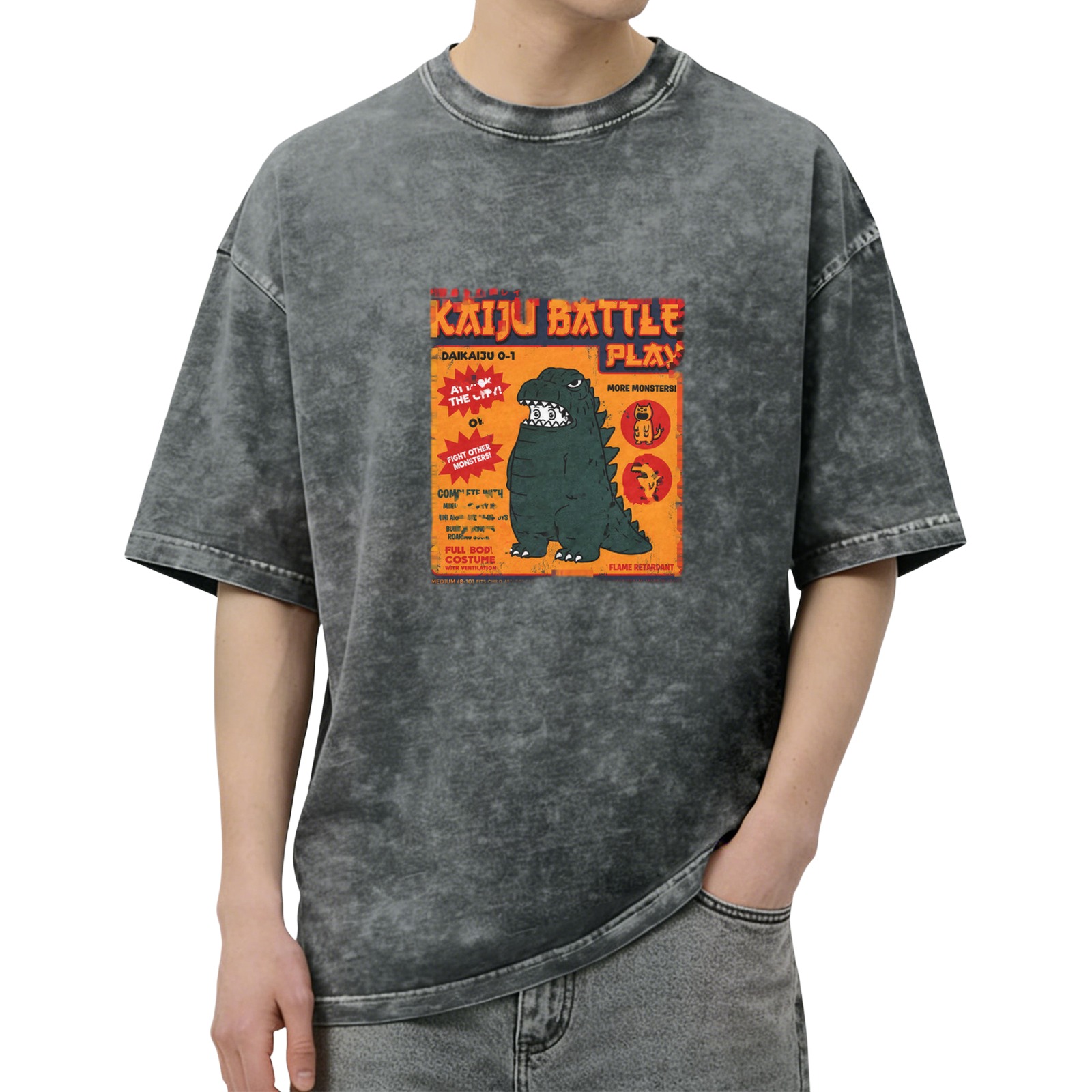 Kaiju Battle Play Graphic Oversized Acid Wash T-Shirt