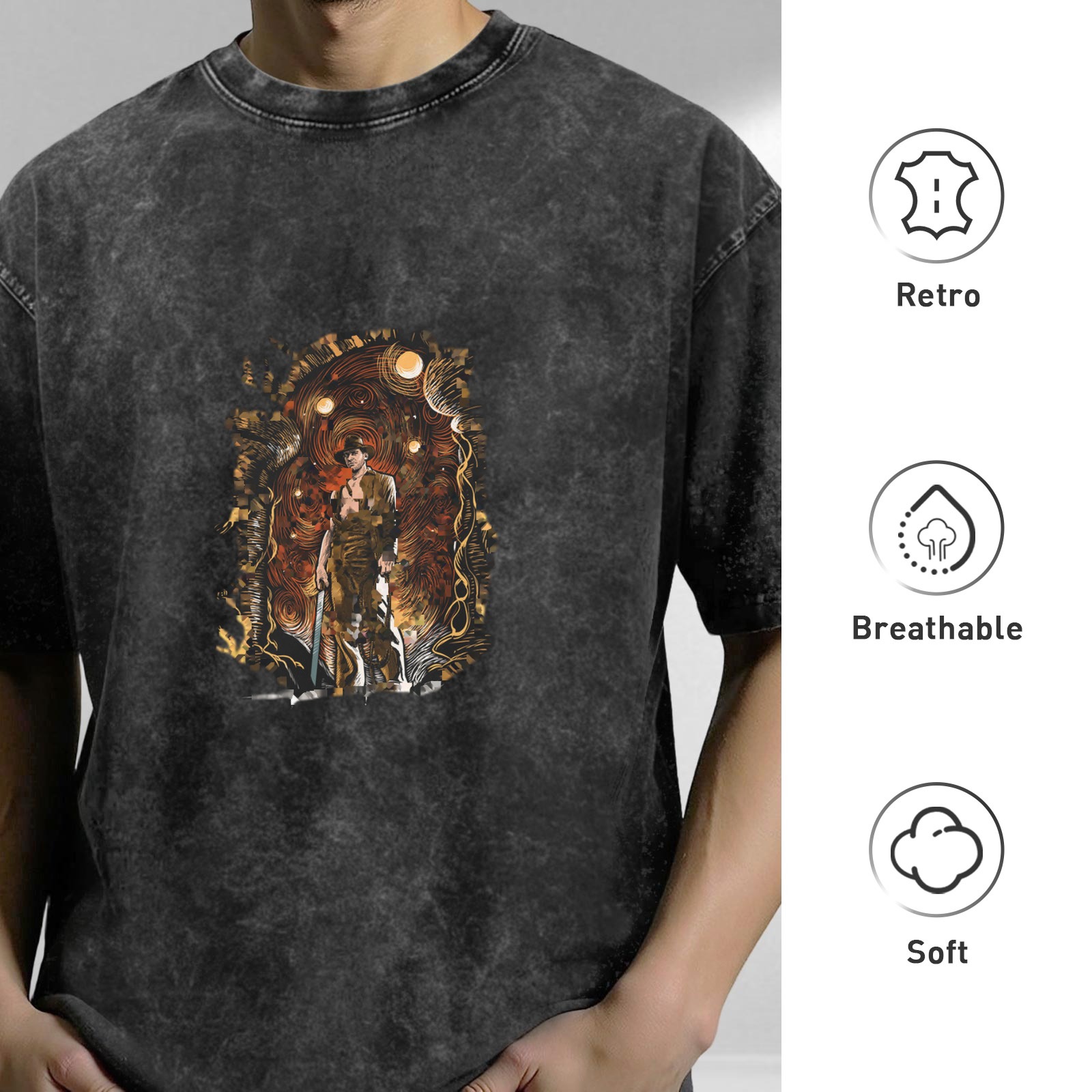 Washed Black Graphic T-Shirt With Adventurer In Mystical Cave Print