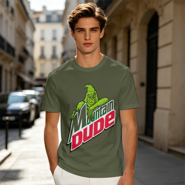 Olive T-Shirt with Grinch Mountain Dude Graphic Print