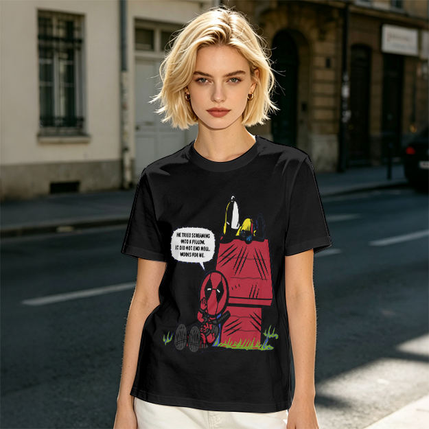 Olive t-shirt with Deadpool and Snoopy mashup graphic
