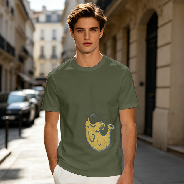 Olive Green T-Shirt With Whimsical Yellow Monster Graphic