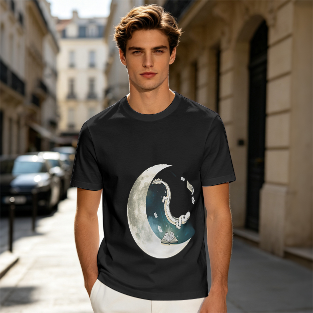 Olive T-shirt with Crescent Moon Galaxy Astronaut Graphic