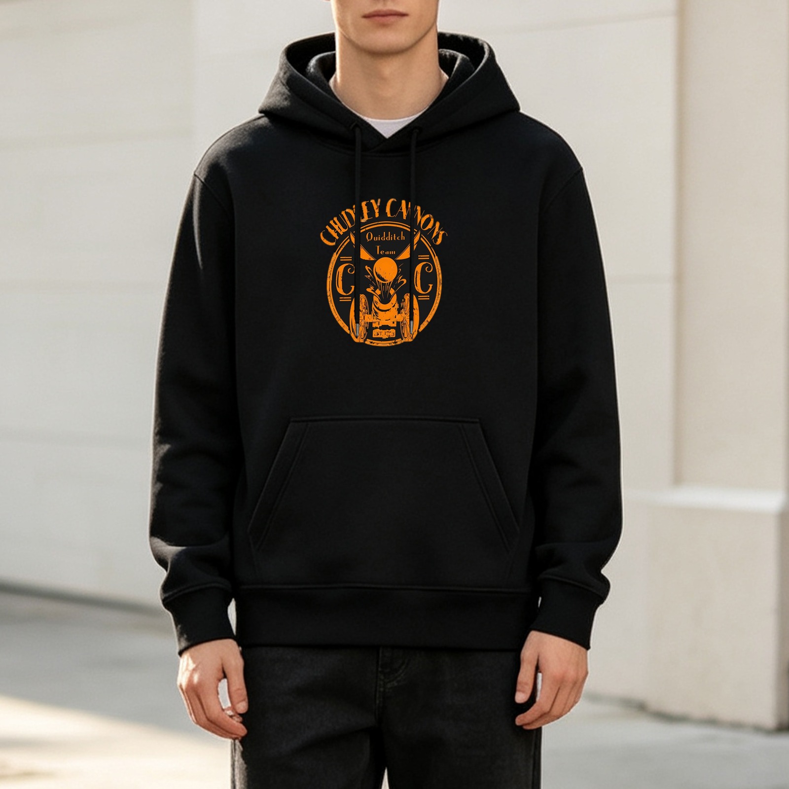 Black hoodie with orange Cheyey Camons graphic print