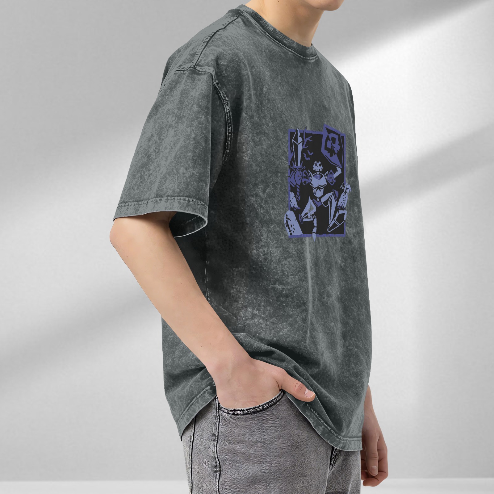 Oversized Dark Wash T-Shirt with Skeleton Warrior Graphic