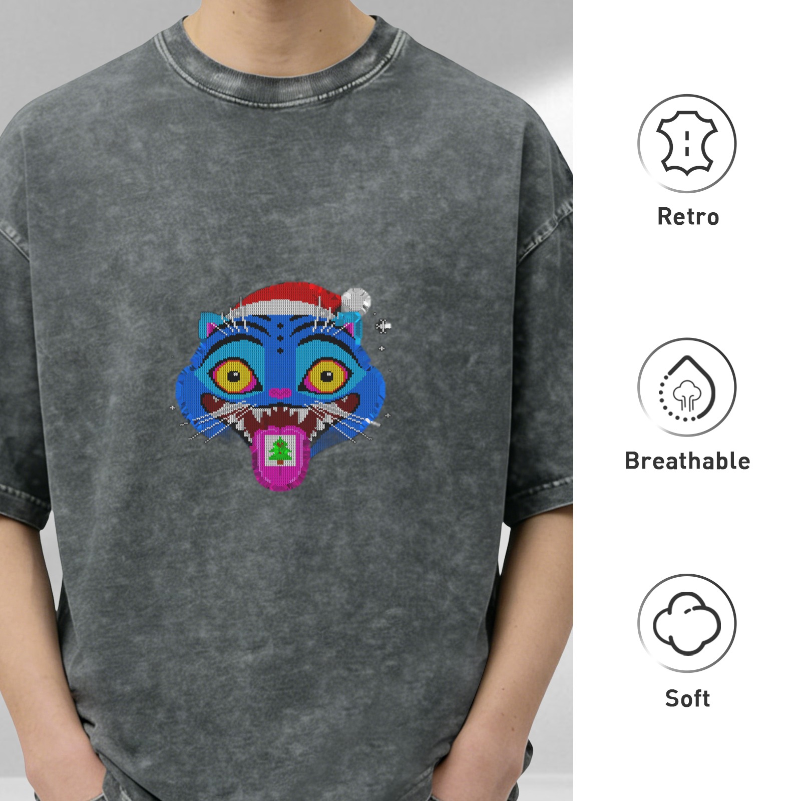 Oversized Dark Wash T-Shirt With Festive Blue Cat Santa Graphic