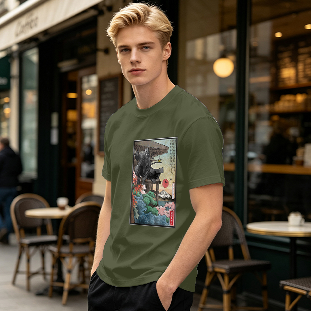 Olive T-Shirt with Ukiyo-e Style Samurai Warrior Print