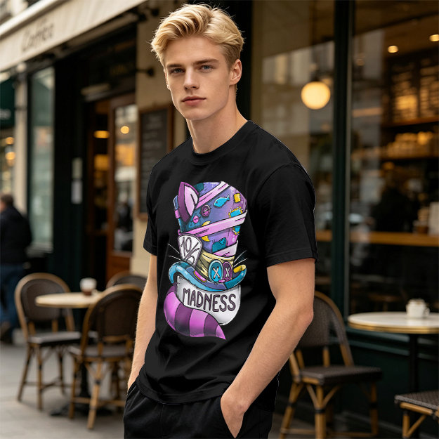 Olive T-Shirt With Mad Hatter Cheshire Cat Madness Graphic