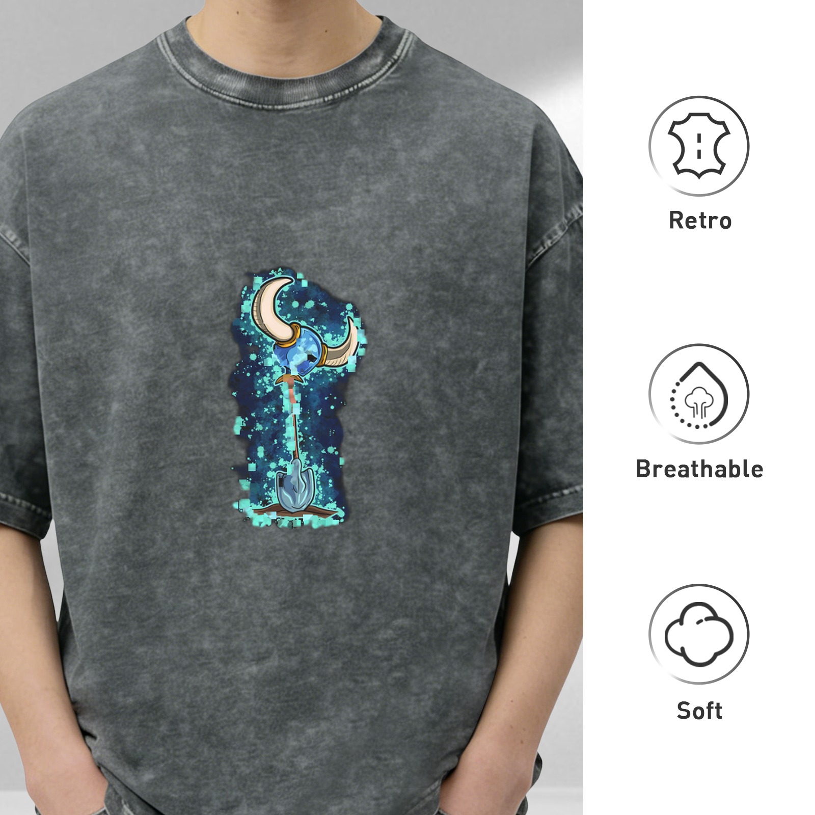 Washed Black Graphic T-Shirt with Shovel Knight Character Art