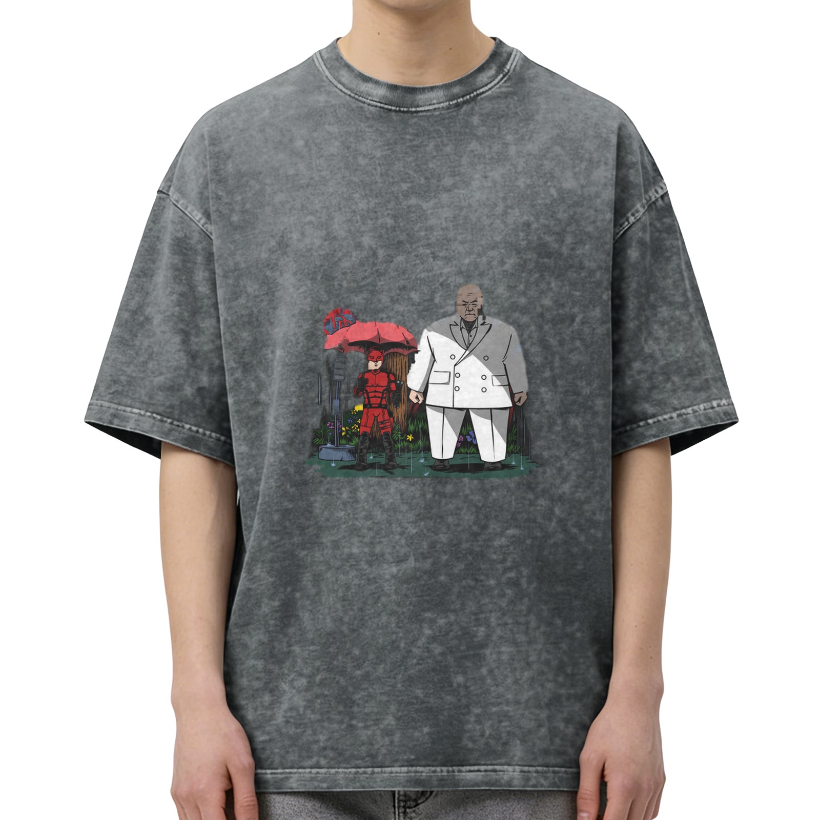 Washed black graphic t-shirt with Daredevil and Kingpin in rain