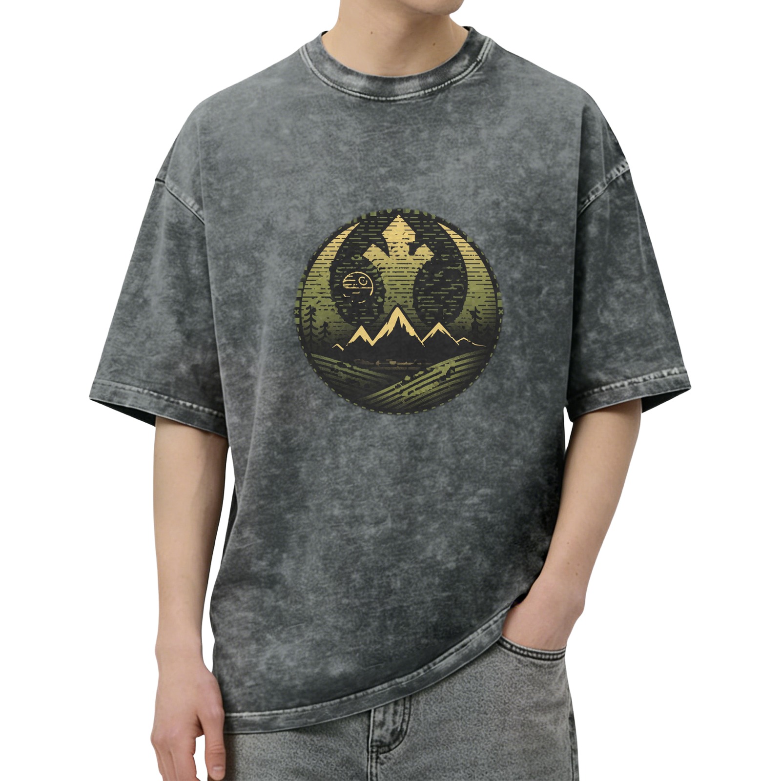 Star Wars Yin Yang Rebel Empire Mountain Graphic Acid Wash Oversized T-Shirt