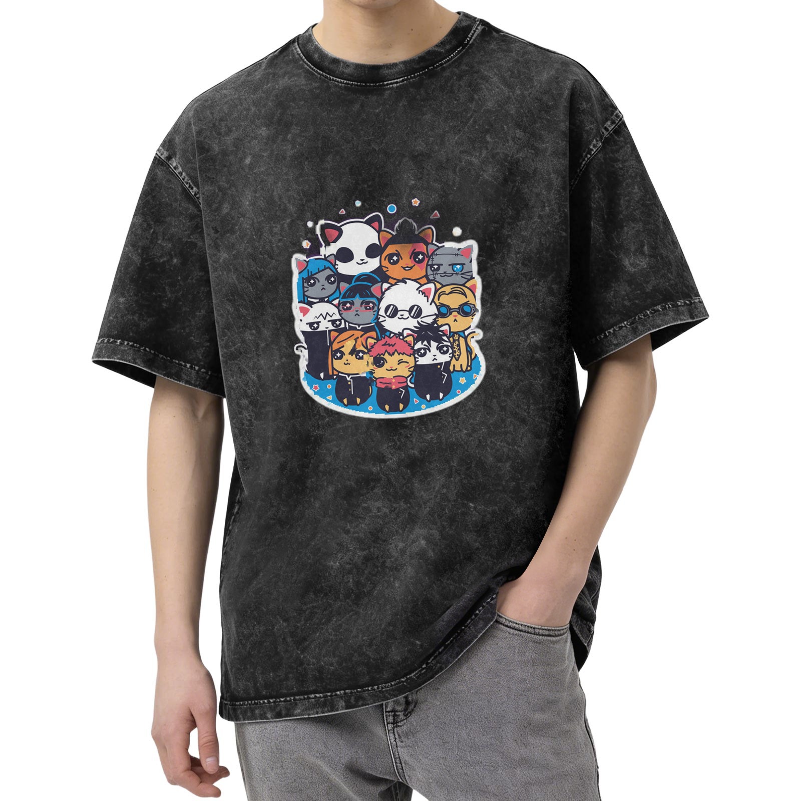 Washed black oversized t-shirt with cute anime cat character group print