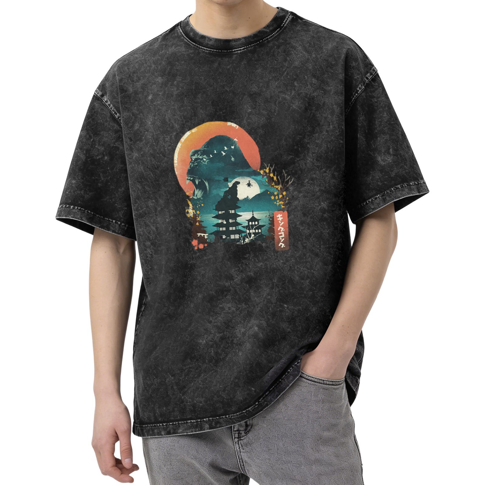 Washed Black Oversized T-Shirt with Japanese Monster Sunset Graphic
